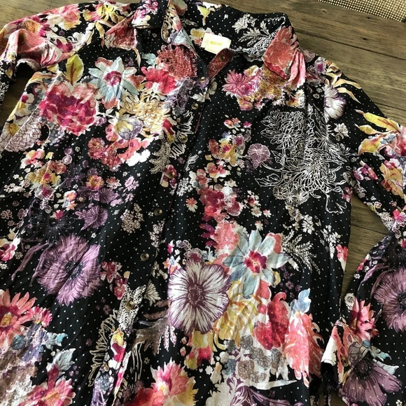 Maeve Dark Floral Black Tunic Top Metallic Boho S - Picture 3 of 7